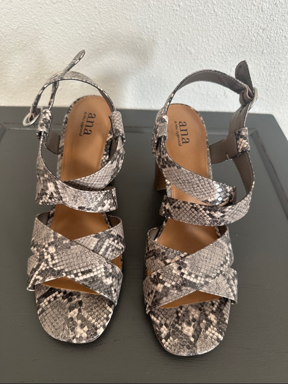 a.n.a Snake-Print Strappy Block Heel Sandals in Gray